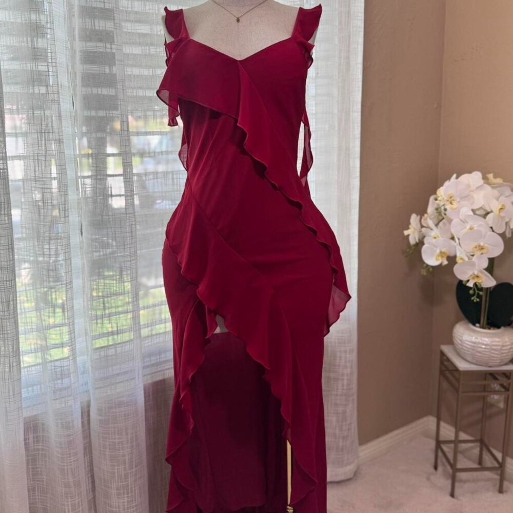Women's Burgundy Dress Wine Ruffle Maxi Dress